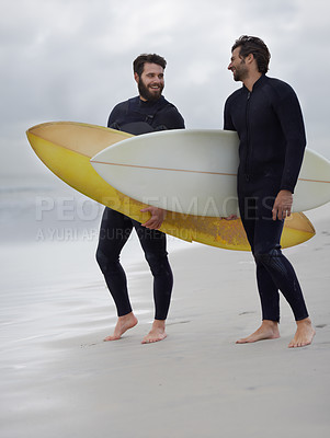 Buy stock photo Happy man, friends and surfer at beach for exercise, sport or waves on sandy shore in outdoor fitness. Male person or people with surfboard for surfing or hobby on ocean coast, sea or water in nature