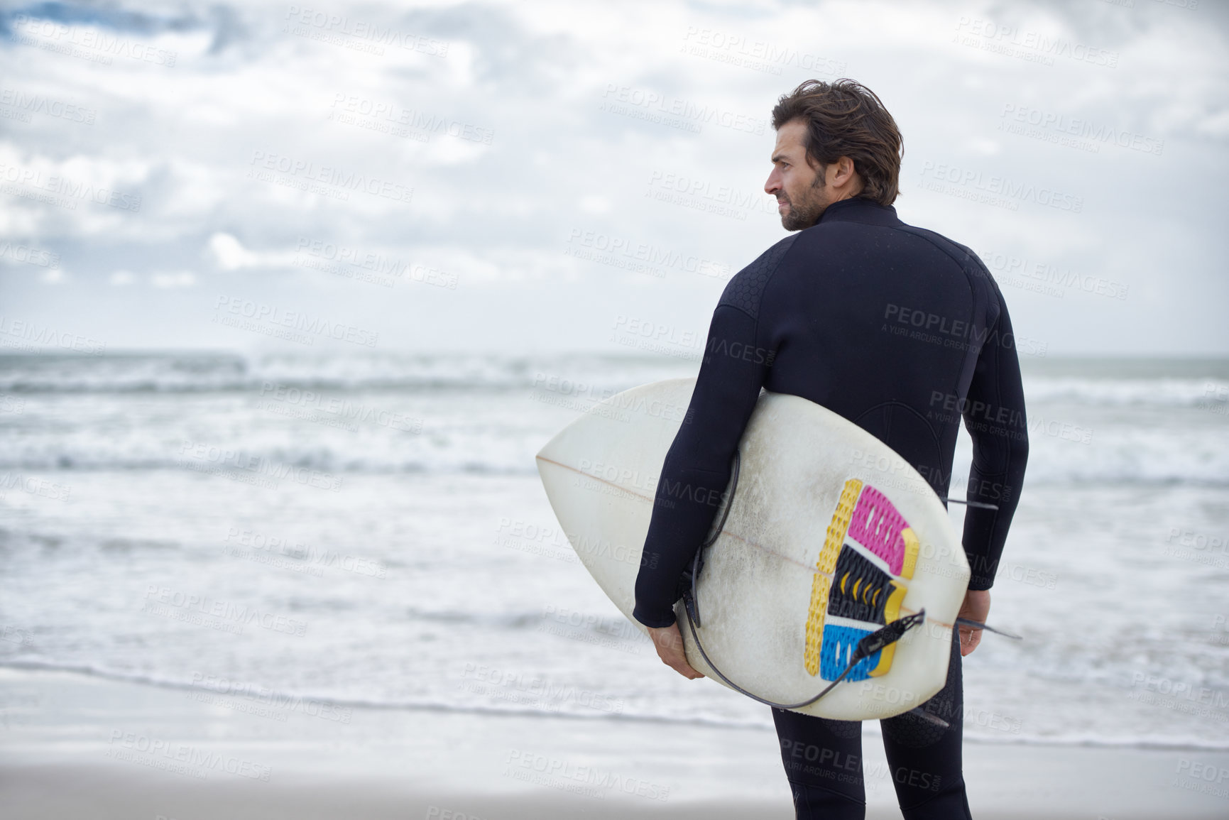 Buy stock photo Man, surfer and beach for exercise, sport or waves on sandy shore in outdoor fitness. Rear view of male person or athlete with surfboard for surfing or hobby on ocean coast, sea or water in nature