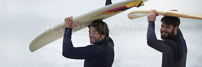 Buy stock photo Man, friends and banner of surfer on beach for fitness, sport or waves on shore in outdoor exercise. Portrait of male person or people with surfboard for surfing challenge or hobby by ocean in nature