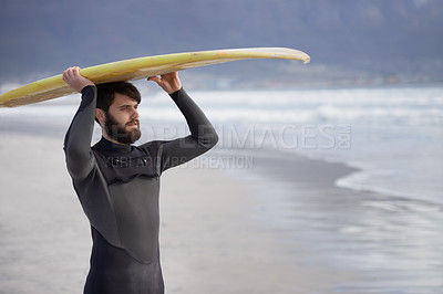 Buy stock photo Surfboard, thinking and man on beach for surfing on vacation, holiday and weekend in ocean. Nature, waves and person in wetsuit for water sports, hobby and exercise for adventure and freedom in sea