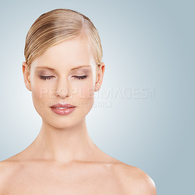 Buy stock photo Woman, face and eyes closed for natural beauty, dermatology and wellness with cosmetic care on grey background. Facial, glow and calm in headshot for skincare and shine in studio with mockup space