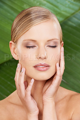 Buy stock photo Beauty, self care and touching face with plant background for wellness, natural and makeup with closeup. Woman, cosmetic and dermatology for facial, routine and skincare for healthy aesthetic skin