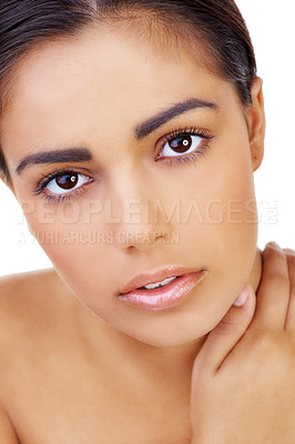 Buy stock photo Skincare, face and portrait of woman in studio with natural, glow and healthy routine for wellness. Beauty, cosmetic and young female person with facial dermatology treatment by white background.