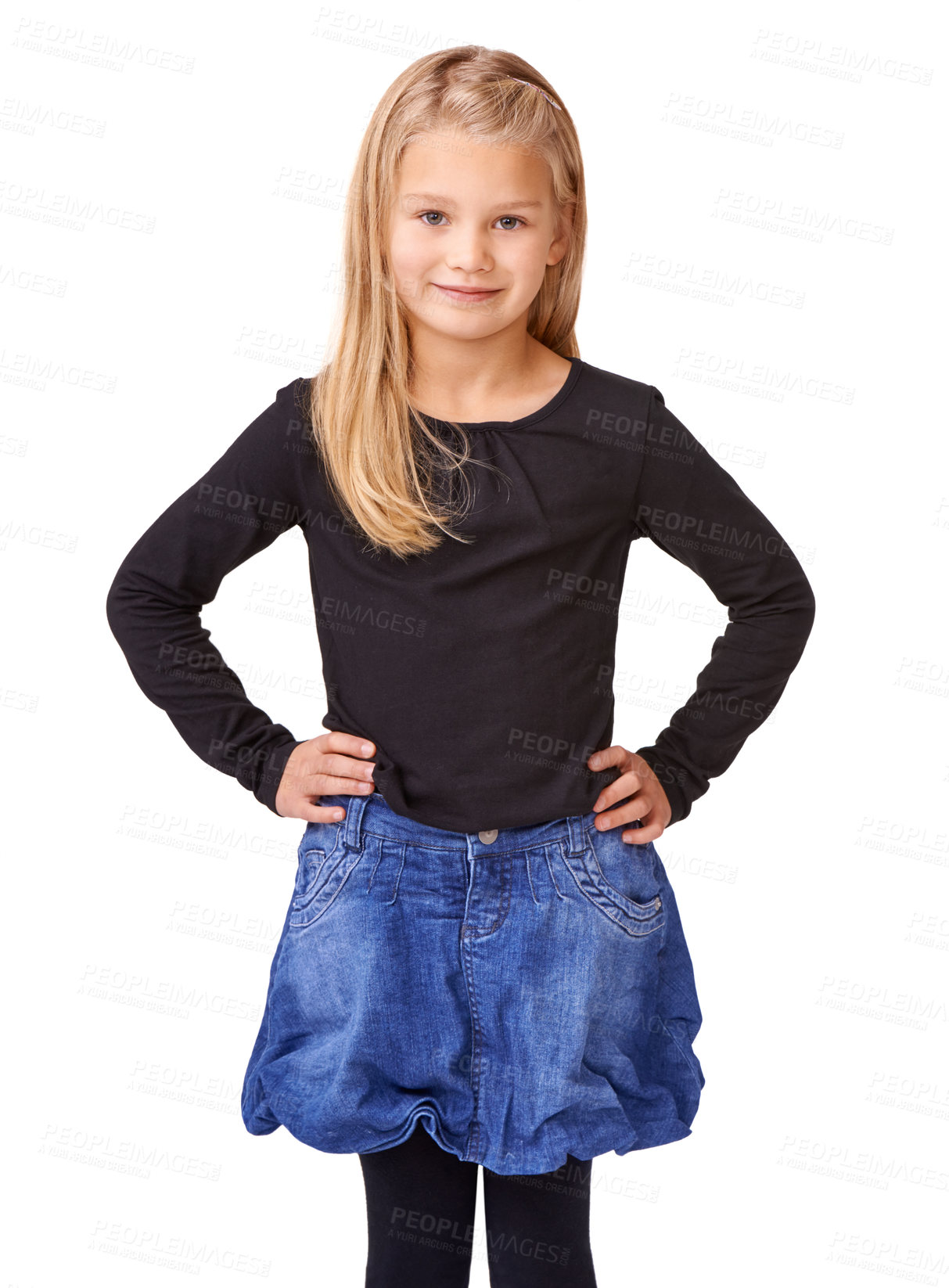 Buy stock photo Happy, young and fashion with portrait of child in studio for cool, student and casual style. Smile, youth and kindergarten with girl isolated on white background for joyful, confidence and model