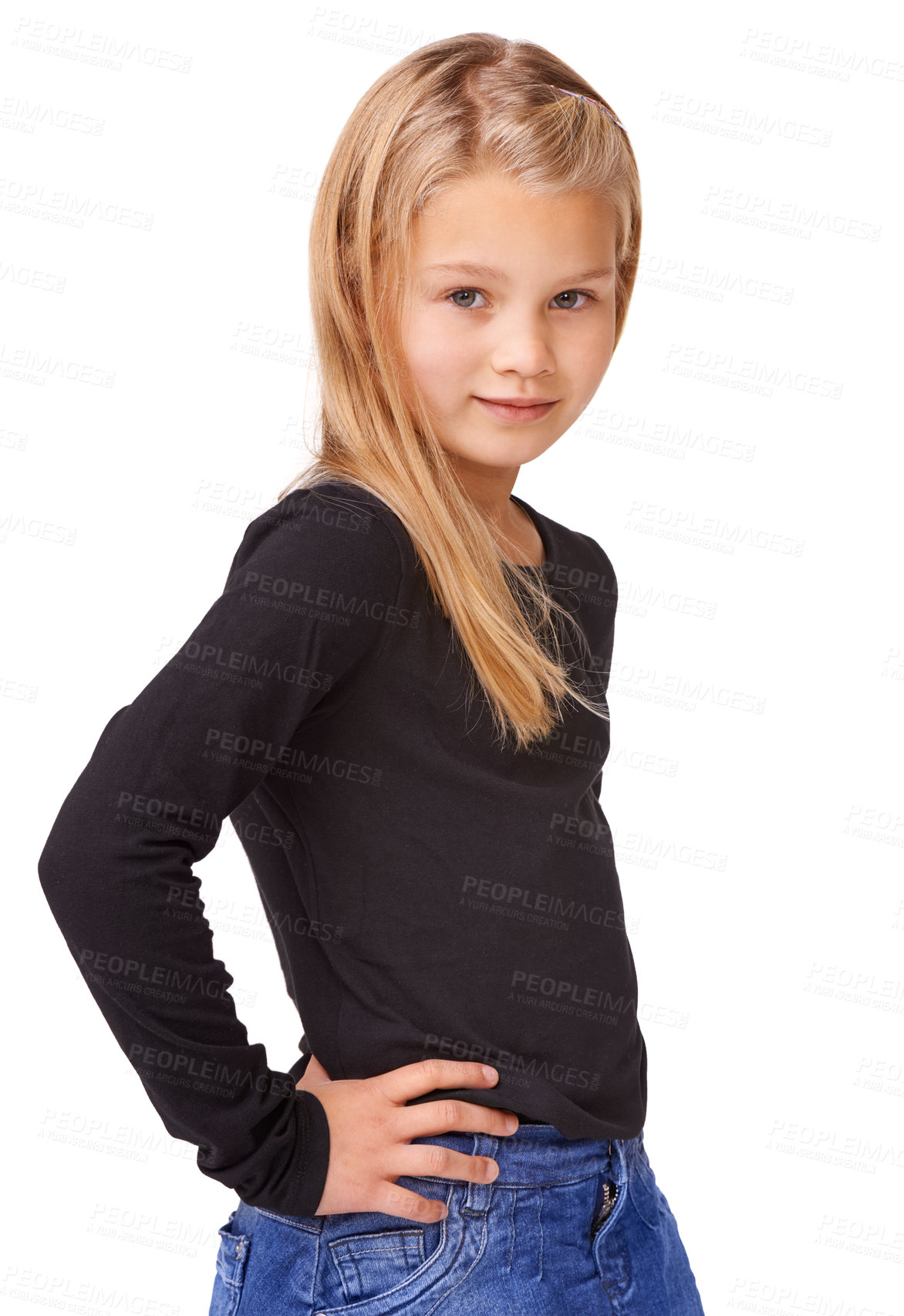 Buy stock photo Cool, young and fashion with portrait of child in studio for cute, student and casual style. Calm, youth and pride with girl isolated on white background for joyful, confidence and kid model