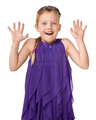 Buy stock photo Girl kid, studio portrait and surprise with hands, palm and playful happiness by white background. Isolated happy model, child and wow with shock face, hand gesture and smile with childhood fashion