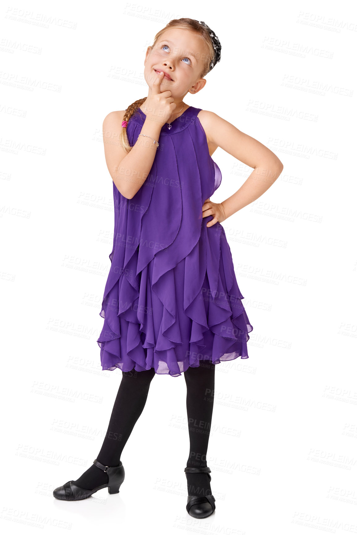 Buy stock photo Think, girl and dancer kid with fashion in white background isolated planning an idea with full body. Cute, sweet and happy kid with youth, children trendy clothes and alone to plan ideas with mockup