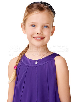 Buy stock photo Happy, smile and portrait of a cute girl in a dress on a white background in studio. Fashion, stylish and headshot of a model in clothes for confidence, happiness and style on a studio background