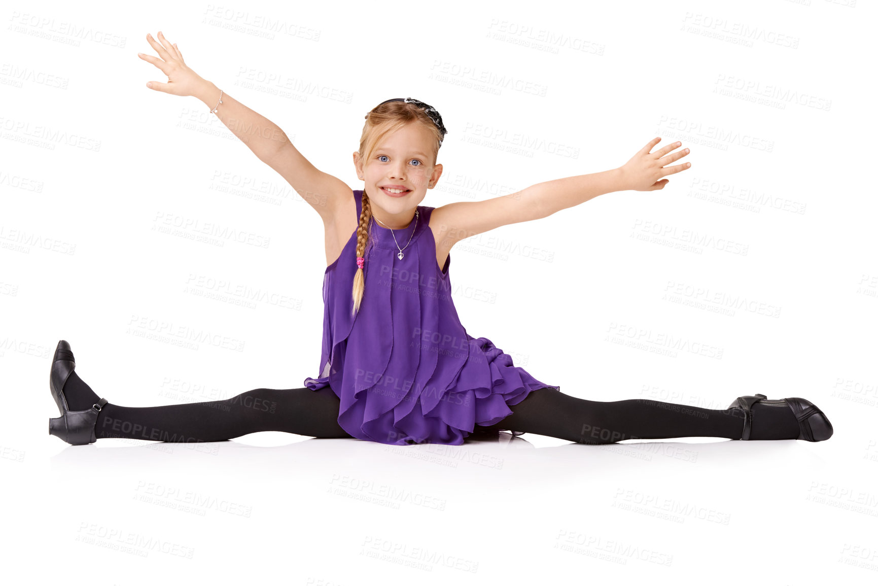 Buy stock photo Dance, talent and splits with portrait of girl for flexibility, fashion and celebration. Happy, party and contemporary with isolated child dancing for health, smile and fitness in white background