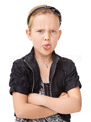 Buy stock photo Portrait, children and tongue with a rude girl in studio isolated on a white background with a bad attitude. Kids, mean and expression with a female child standing arms crossed looking unhappy