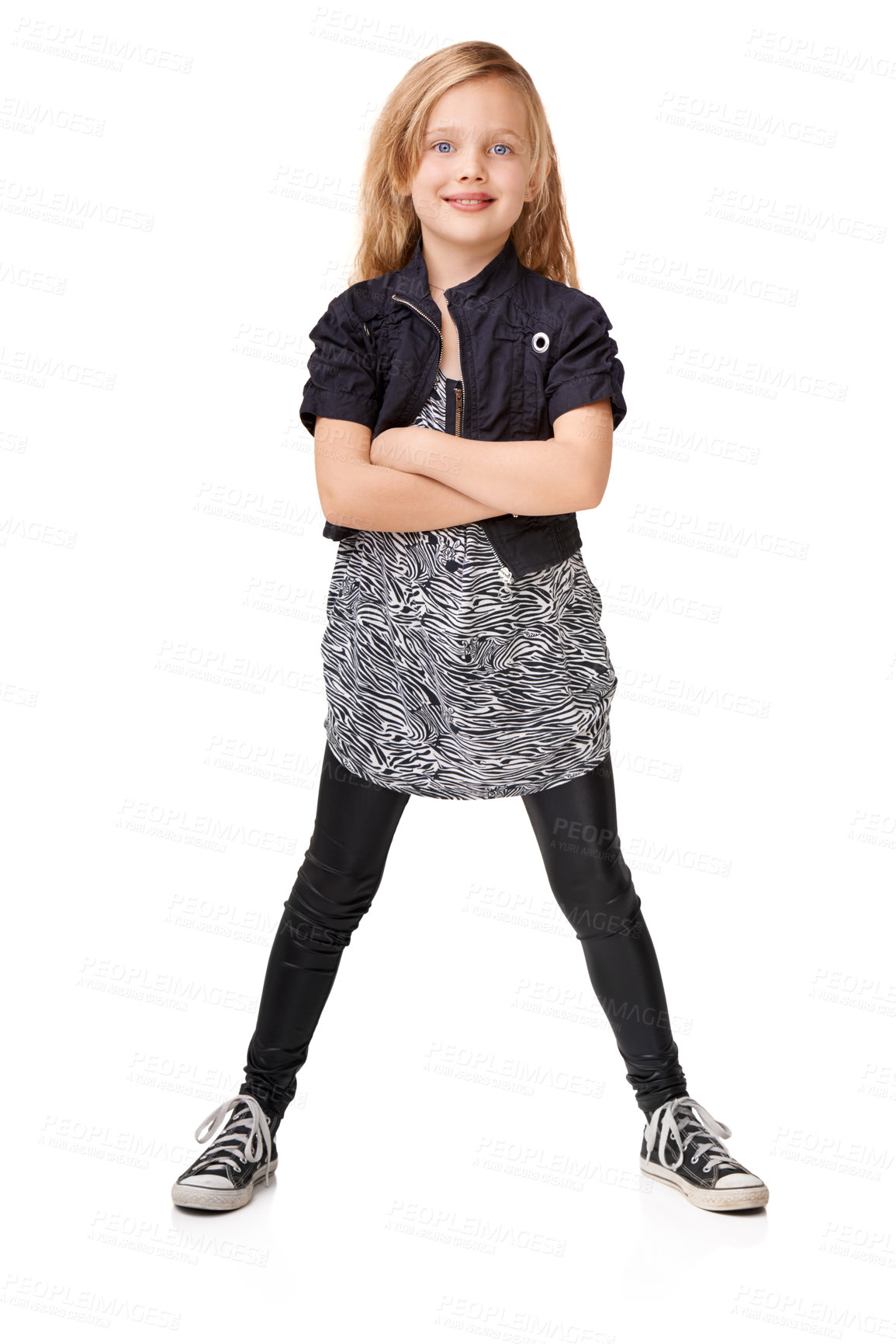 Buy stock photo Happy portrait, kid and girl with arms crossed, studio and isolated white background in Sweden. Young child, smile and model for healthy growth, youth development and happiness for kids fashion style