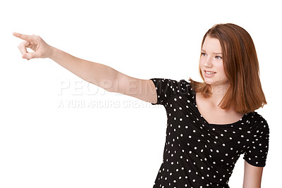 Buy stock photo White background, portrait and girl to point, wonder and contemplate with mockup in studio. Confident, gen z teenager or female student with finger, eyes and smile to imagine, announce and show ideas