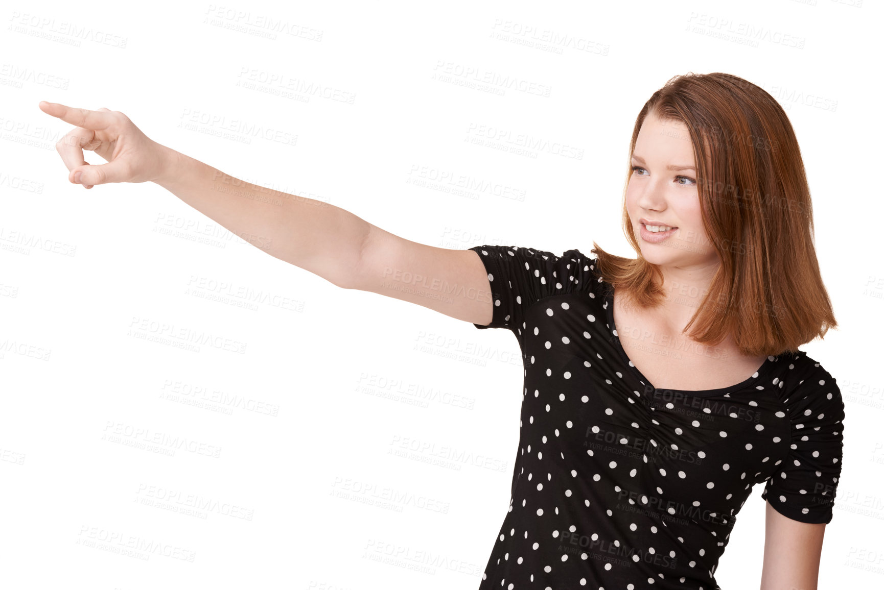 Buy stock photo White background, portrait and girl to point, wonder and contemplate with mockup in studio. Confident, gen z teenager or female student with finger, eyes and smile to imagine, announce and show ideas