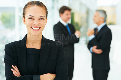 Buy stock photo Businesswoman, office and confidence in leadership, portrait and pride for training in meeting. Happy female person, professional and support in team management, mentor and smile for collaboration