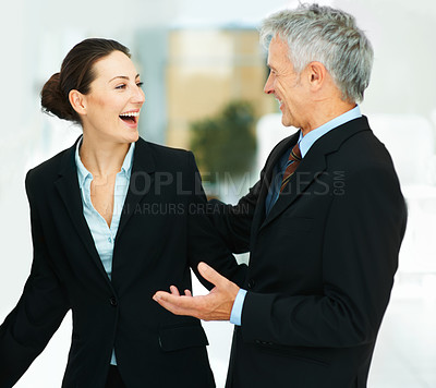 Buy stock photo Employee, laughing and meeting with boss in office for business in corporate company for strategy. Woman, happy and talking to leader of workplace in professional clothes for work or job for teamwork