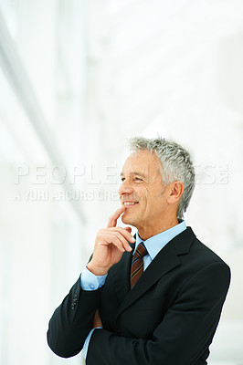 Buy stock photo Businessman, smile and thinking in office professional with suit and thoughtful for ideas. Person, planning and employee of corporate company and brainstorming as executive with strategy for job
