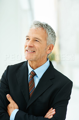 Buy stock photo Businessman, office and smile for thinking, vision and ideas or planning with management. Ceo, suit and workplace for contemplation, career and future with work or leadership for corporate strategy
