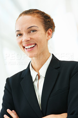Buy stock photo Happy, woman and arms crossed in office with professional accountant working in financial company with pride. Person, smile and confidence in corporate accounting firm as business advisory in economy