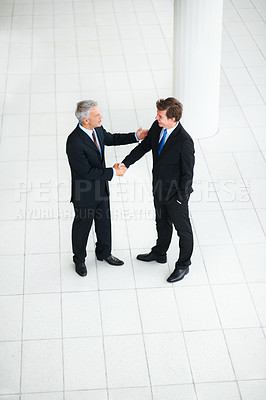 Buy stock photo Business people, shaking hands and thank you for interview in introduction, hello and opportunity. Partnership, onboarding and b2b in agreement, top view and promotion in office or collaboration