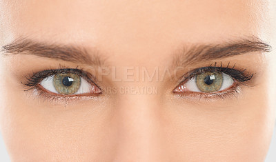 Buy stock photo Eyes, eyebrows and lashes for vision in closeup of woman for eyecare, microblading and contact lenses. Iris, eyeball and retina of female person for healthy sight, optical treatment and watching