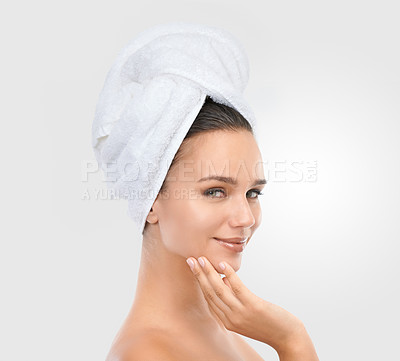 Buy stock photo Woman, skincare and beauty in studio portrait, confidence and proud of results on white background. Happy female person, towel and smile for facial treatment, cosmetics and dermatology for grooming