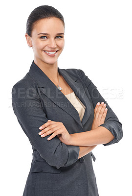 Buy stock photo Studio, business and confident woman with portrait, smile and ideas for trust with corporate. Receptionist, white background and face with arms crossed, company or startup with career ambition