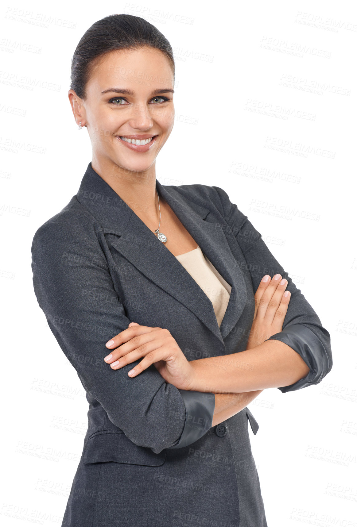 Buy stock photo Studio, business and confident woman with portrait, smile and ideas for trust with corporate. Receptionist, white background and face with arms crossed, company or startup with career ambition