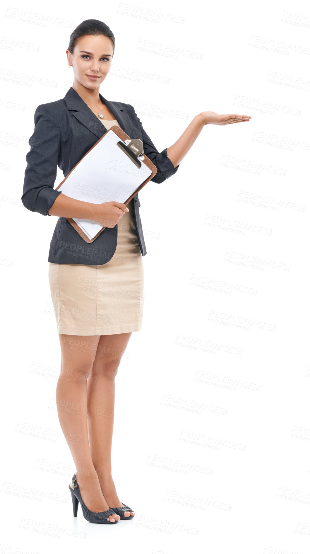 Buy stock photo Woman, portrait and corporate with clipboard in studio, receptionist and business career with paper. Female secretary, checklist and schedule, show presentation and smile with white background