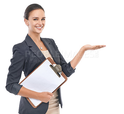 Buy stock photo Woman, portrait and corporate with checklist in studio, receptionist and business career with paper. Female secretary, announcement and schedule, show presentation and smile with white background