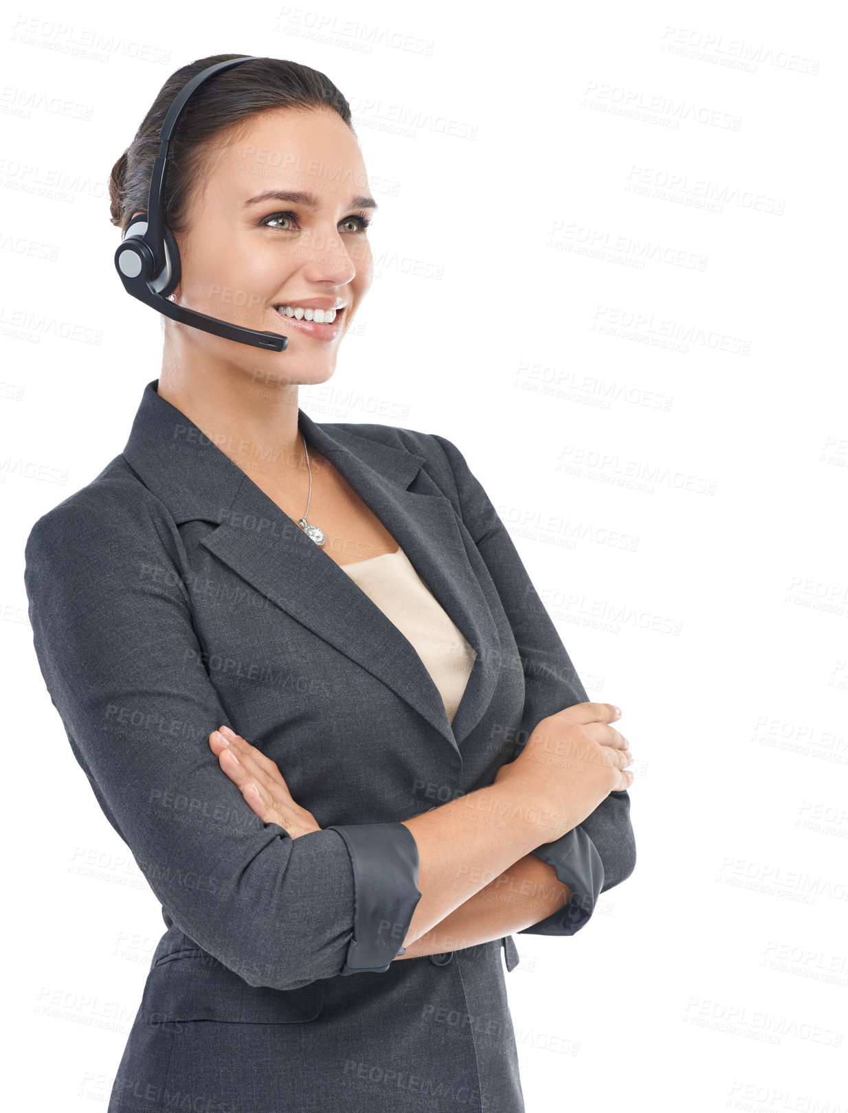 Buy stock photo Businesswoman, headset and consultant in studio, customer service and crm on white background. Female person, call centre representative and tech support or assistant, contact and agent at helpdesk