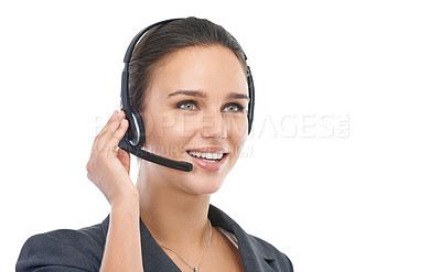 Buy stock photo Businesswoman, headset and assistant in studio, customer service and crm on white background. Female person, call centre representative and tech support or hotline, contact and agent at helpdesk