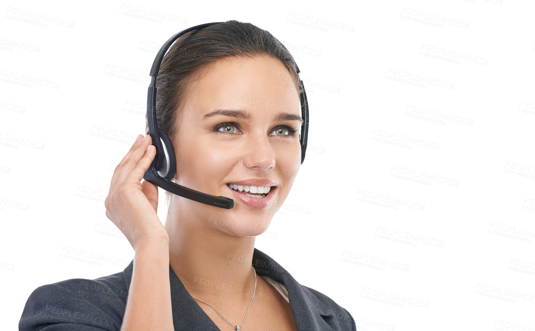 Buy stock photo Businesswoman, headset and assistant in studio, customer service and crm on white background. Female person, call centre representative and tech support or hotline, contact and agent at helpdesk