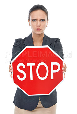 Buy stock photo Business woman, portrait and stop sign in protest, emergency or warning on a white studio background. Concerned or frustrated female person or employee with shape, icon or symbol for danger or signal