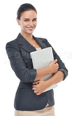 Buy stock photo Happy, business woman and portrait with laptop of receptionist on a white studio background. Female person, admin or secretary with smile and computer in formal fashion for networking or information