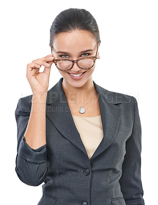 Buy stock photo Happy woman, portrait and glasses of lawyer in fashion, stylish business outfit or sight on a white studio background. Face of female person or attractive attorney with flirt, smile and spectacles