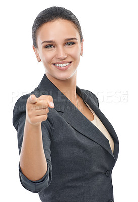 Buy stock photo Studio, receptionist and portrait for pointing, choice and planning with corporate promotion. Businesswoman, white background and smile for work, company or startup with career ambition or decisions