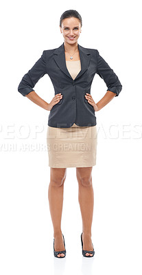 Buy stock photo Business woman, portrait and professional lawyer with confidence in fashion style on a white studio background. Female person, attorney or employee with smile in stylish corporate clothing on mockup