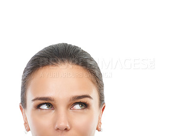 Buy stock photo Woman, face and thinking of idea in decision, choice or brainstorming on a white studio background. Closeup of female person in wonder, thought or dream for opinion, vote or selection on mockup space