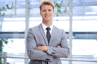 Buy stock photo Office, portrait and businessman with arms crossed for happy in job, smile and professional worker in workplace. Accountant, positive and face with mission in corporate and formal suit for work
