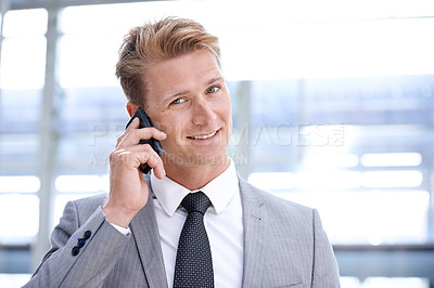 Buy stock photo Businessman, phone call and networking or planning in portrait, communication and talk on opportunity. Male person, b2b and smile for discussion on business deal, connection and consulting on agenda