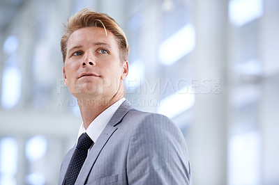 Buy stock photo Business, thinking and man with decision, planning and opportunity with consultant and PR agent. Person, employee and entrepreneur with ideas and questions with professional, review and brainstorming