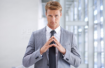 Buy stock photo Businessman, portrait and hands with confidence at office or lawyer plotting or opportunity, growth or promotion. Male person, face and gesture for planning victory or job, professional or corporate