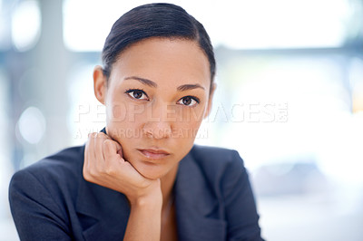 Buy stock photo Professional woman, lawyer and office in portrait with confidence, pride and work on mockup. Business person, confident and face at workplace for vision, idea or corporate with serious expression