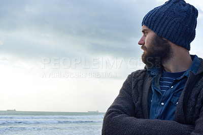 Buy stock photo Calm, thinking and man at beach with memory, nostalgia or reflection with ocean view in nature. Remember, travel and male person at sea for fresh air, journey or peaceful Florida vacation in winter