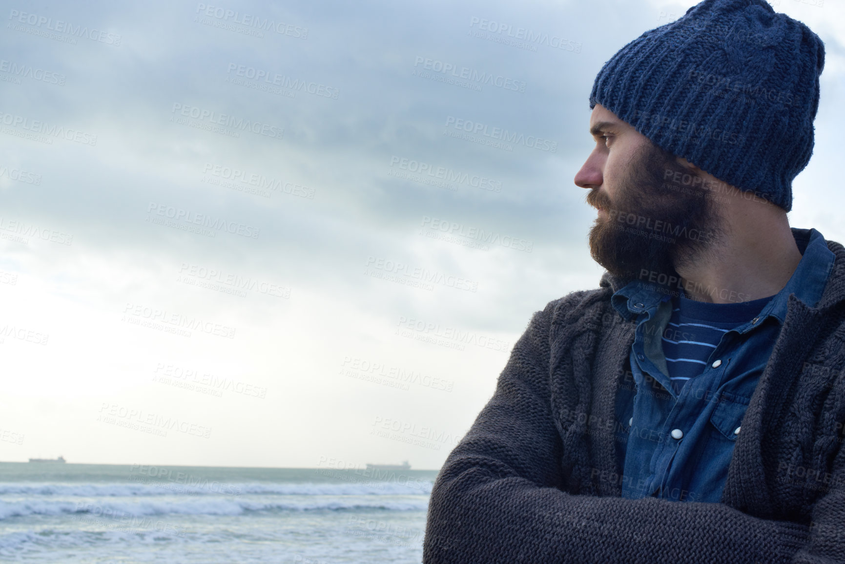 Buy stock photo Calm, thinking and man at beach with memory, nostalgia or reflection with ocean view in nature. Remember, travel and male person at sea for fresh air, journey or peaceful Florida vacation in winter