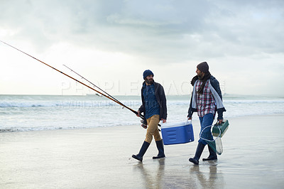 Buy stock photo Hobby, fishing and men walking on beach together with cooler, tackle box and holiday conversation. Ocean, fisherman and friends with rods, bait and tools at waves on winter morning vacation at sea.