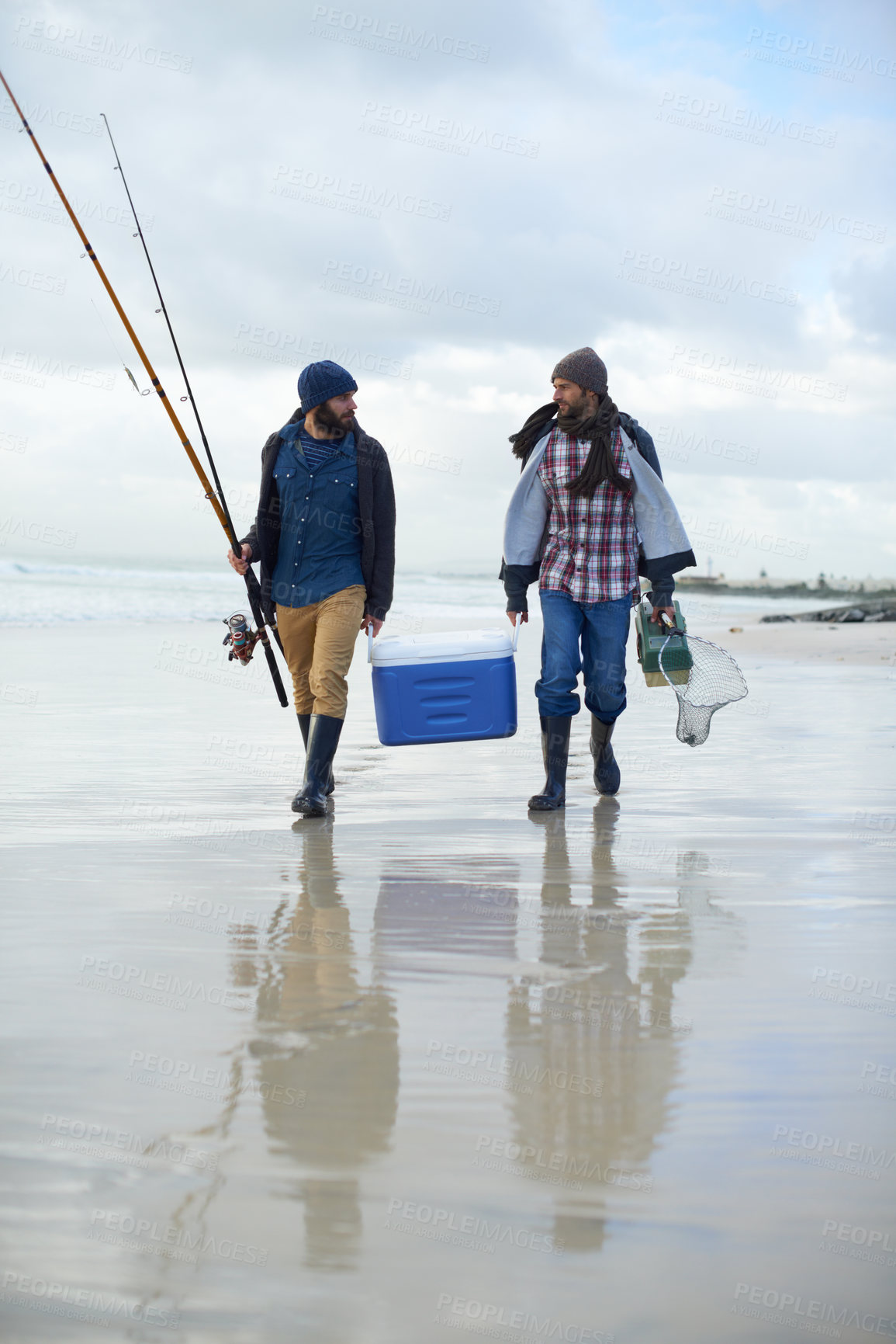 Buy stock photo Fisherman, friends and walking on beach for fishing in the morning by sea with happiness, equipment or sky. Friendship, men and net with bonding, travel or rod by water for hobby, holiday or activity