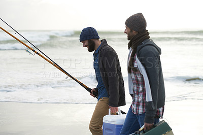 Buy stock photo Nature, fishing and men walking on beach together with cooler, tackle box and holiday conversation. Ocean, fisherman and friends with rods, bait and tools at waves on winter morning vacation at sea.