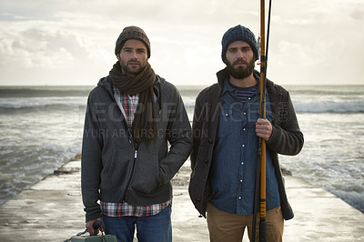 Buy stock photo Fisherman, friends and serious with portrait for fishing in the morning by sea with waves, bonding or sky. Friendship, men and face with pride, overcast or rod by water for hobby, holiday or activity