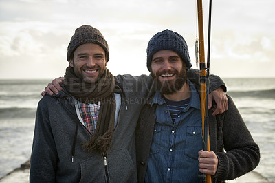 Buy stock photo Fisherman, friends and hug with portrait for fishing in the morning by sea with happiness, bonding and sky. Friendship, men and face with smile, embrace or rod by water for hobby, holiday or activity